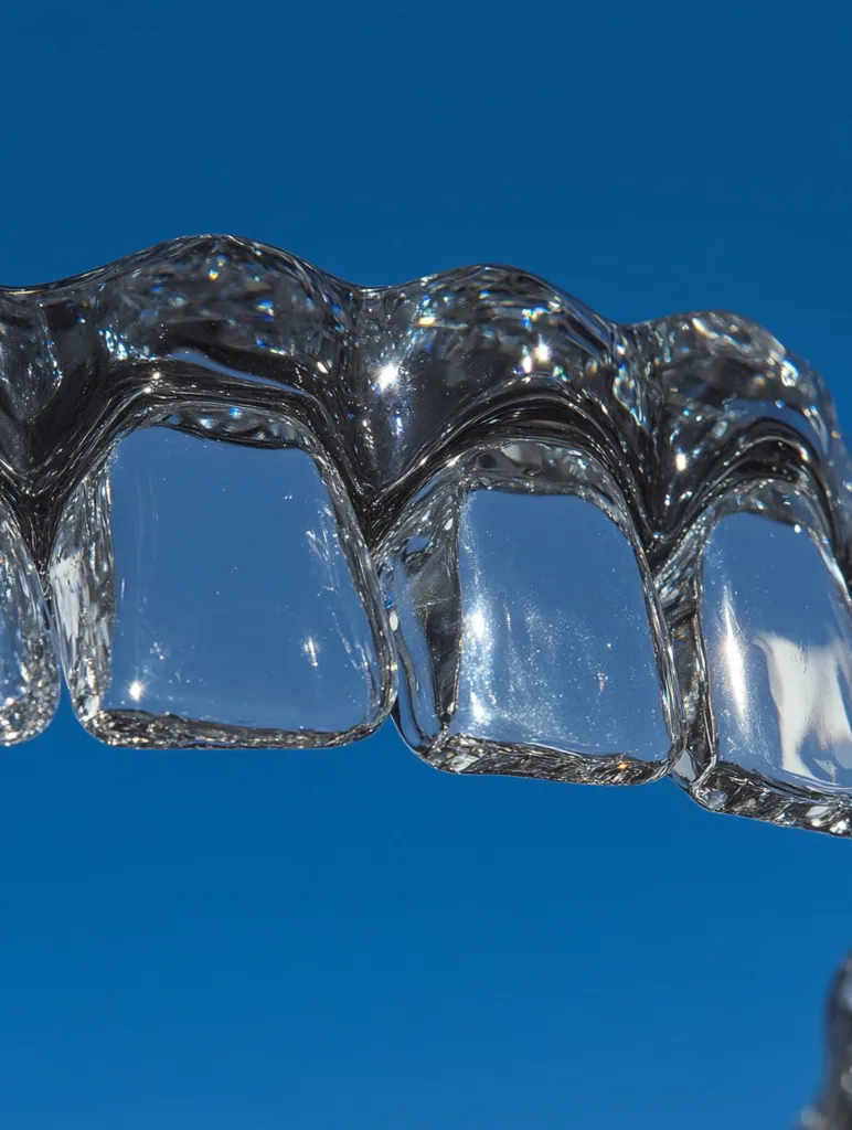 A close-up shot reveals a transparent, sculpted object resembling a row of teeth against a vibrant blue sky.  The object's glassy surface reflects light, creating a glistening effect. Its intricate, wavy structure is clearly visible, showcasing a detailed design. The contrast between the smooth, reflective material and the clear, unblemished sky is striking.