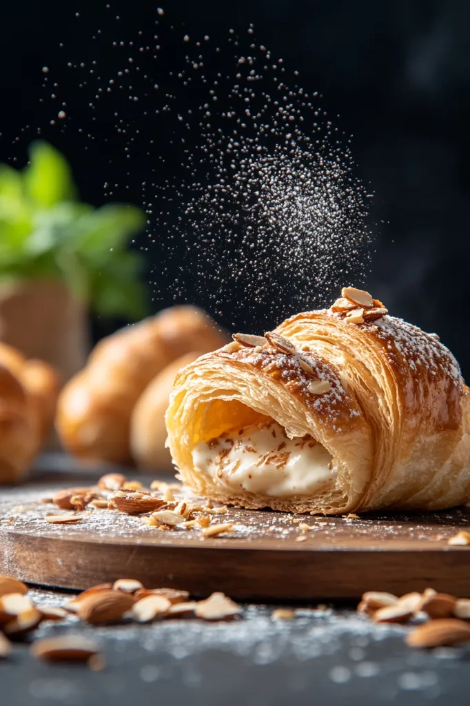 A flaky croissant filled with creamy custard is dusted with powdered sugar and sliced almonds.  The croissant rests on a rustic wooden board, surrounded by scattered almond pieces.  Other croissants blur in the background, adding depth to the image.  A fine spray of powdered sugar is captured mid-air, enhancing the sense of freshness.  The dark background contrasts beautifully with the golden-brown pastry.