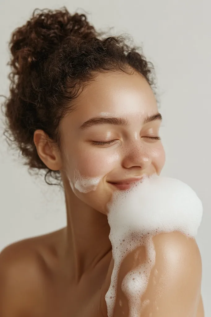 A young woman with curly brown hair pulled back in a bun has her eyes closed in contentment as she gently holds a large amount of cleansing foam to her face and shoulder.  Her skin appears smooth and clean, radiating a healthy glow. The image evokes a feeling of relaxation and self-care.