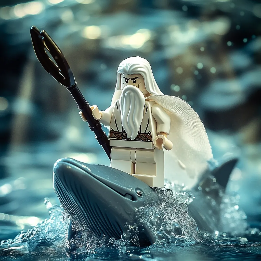 A Lego figure resembling Gandalf, the wizard from Lord of the Rings, stands atop a whale, holding a dark trident.  The figure is detailed with a long white beard and robe, and is depicted riding the whale across a body of water, creating splashing waves. The background is blurred, focusing attention on the central figures.  The scene is whimsical and imaginative.