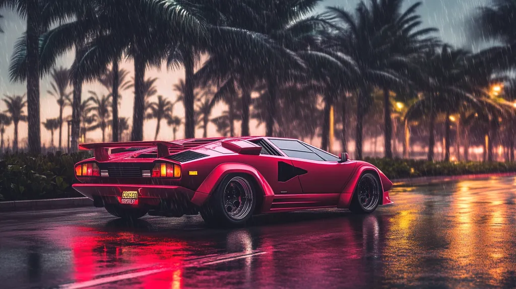 A vibrant red Lamborghini Countach is parked on a rain-slicked street, lined with palm trees under a dramatic, twilight sky.  The car's reflection is visible in the wet asphalt, mirroring the warm glow of streetlights.  Rain streaks down the car's body, enhancing its sleek lines and adding to the atmospheric scene.  The overall image evokes a sense of stylish nostalgia and exotic luxury.