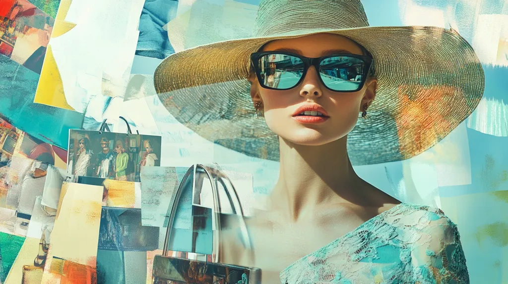 A stylish woman in a wide-brimmed straw hat and sunglasses is the focal point of a vibrant, abstract image.  She wears a teal lace dress and holds a handbag. The background is a collage of colorful, textured shapes and a smaller photo of a group of people. The overall effect is a modern, fashion-forward aesthetic with a hint of nostalgia.