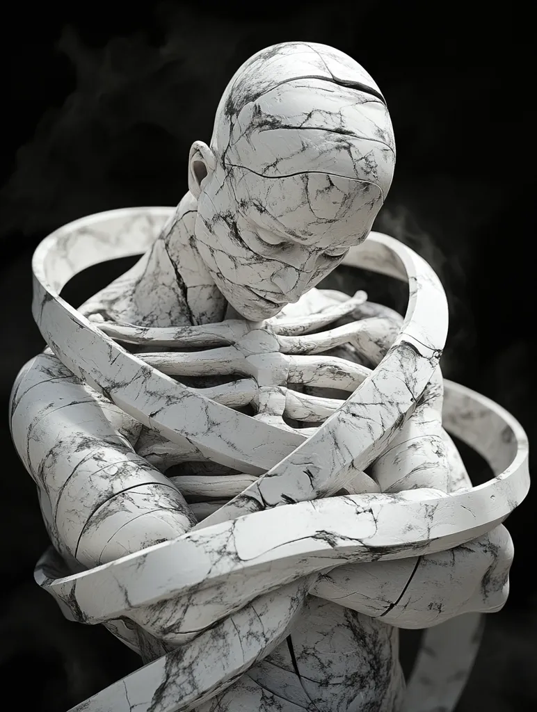 A digital rendering depicts a marble statue of a humanoid figure, its head bowed.  The figure's body is fractured, revealing an internal skeletal structure.  It is enveloped and seemingly constrained by large, swirling bands of marble, creating a sense of confinement and fragility. The overall aesthetic is dark, moody, and evokes feelings of sorrow and entrapment.