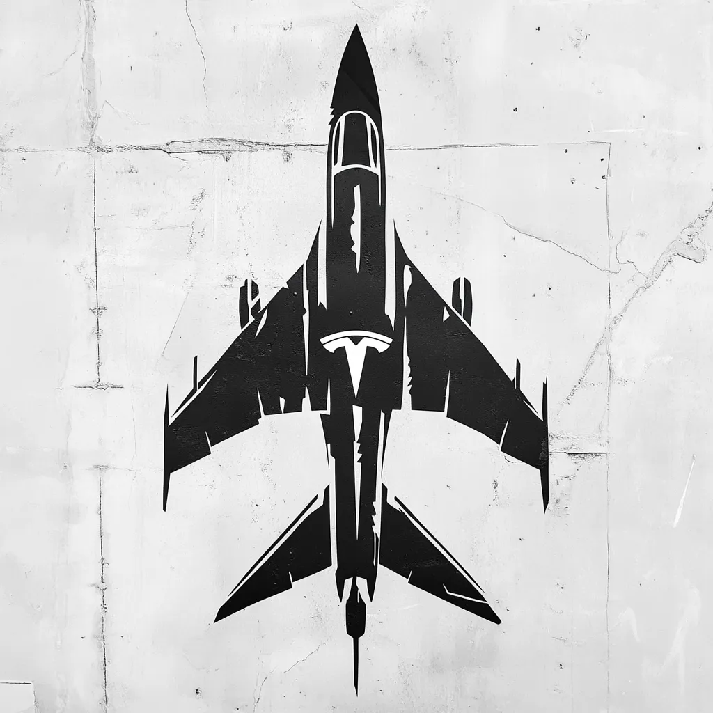 A black silhouette of a fighter jet is painted on a light gray, textured wall.  The jet is depicted in a top-down view, showcasing its wings and fuselage. The style is somewhat distressed, giving a grunge or graffiti-like effect.  A Tesla logo is subtly incorporated into the jet's design on the fuselage. The contrast between the dark jet and the light wall makes the image stand out.