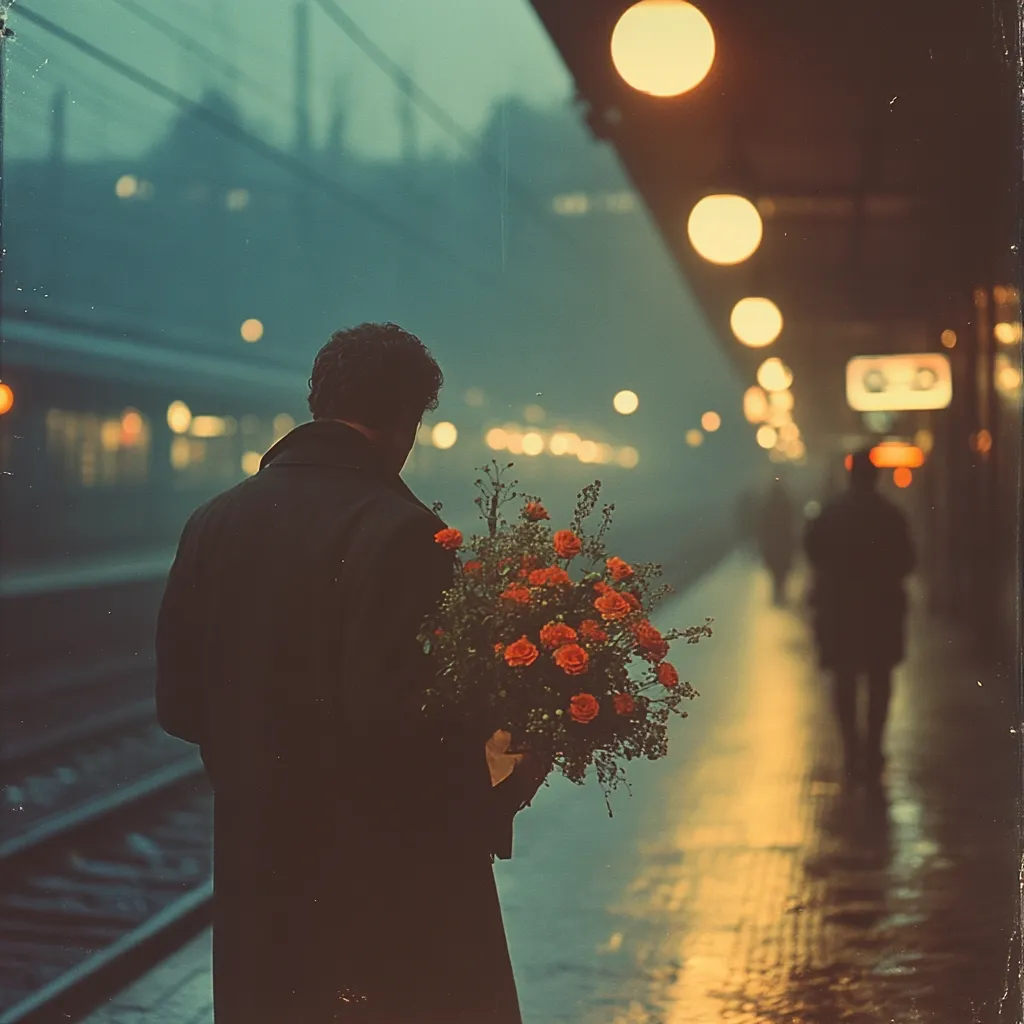 A man stands at a train station at night, his back to the camera. He holds a bouquet of red flowers. The station is dimly lit, with lights above and blurry lights from a train in the background. The overall mood is melancholic and romantic, suggesting a farewell or a secret rendezvous.  Rain glistens on the platform. A lone figure walks away in the distance.