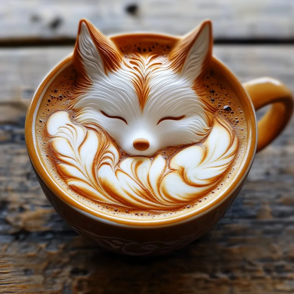 A cup of coffee features intricate latte art depicting a fox curled up asleep.  The creamy foam is meticulously sculpted into the animal's form, complete with detailed fur and facial features. The orange-toned mug rests on a rustic wooden surface, highlighting the contrast between the warm drink and the cool wood. The image is a testament to the artistry of coffee latte creation.