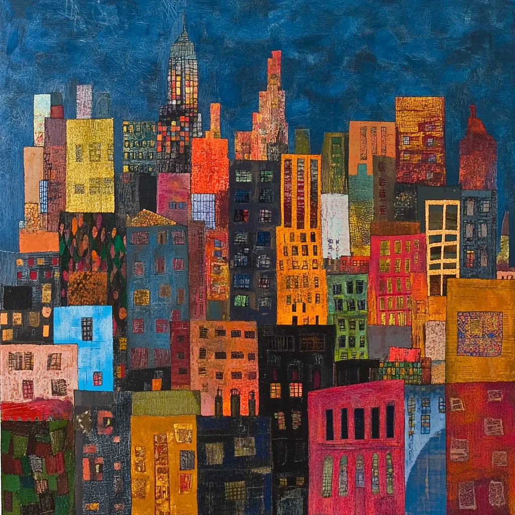 A vibrant cityscape painting bursts with color and texture.  Numerous buildings, rendered in a collage-like style, create a dense urban scene under a deep blue sky.  The buildings vary in height, shape, and color, creating a lively and dynamic composition.  The artist's use of texture gives the impression of aged brick, wood, and metal, adding depth and complexity to the cityscape.  A taller building, reminiscent of a skyscraper, stands prominently in the background.