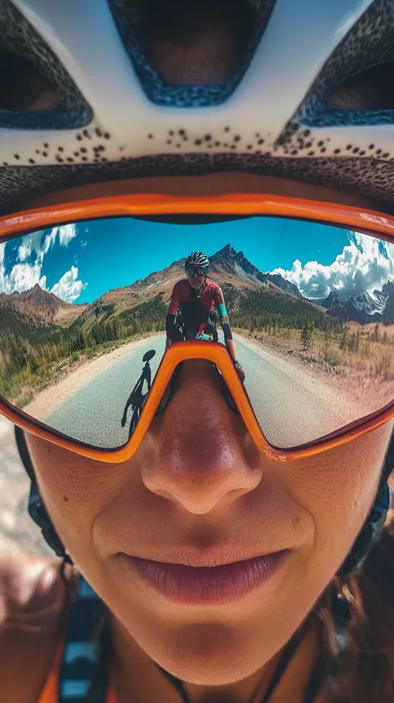 A close-up shot reflects a cyclist riding a road bike on a mountain pass. The reflection is seen through the orange cycling glasses of a person wearing a helmet.  The vibrant scenery of mountains and a clear blue sky is mirrored in the lenses, creating a dynamic and immersive perspective. The image emphasizes the cyclist's experience and the beauty of the surrounding landscape.