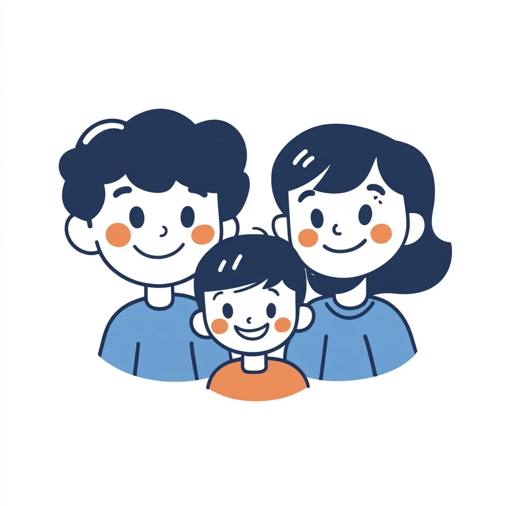 A simple illustration depicts a happy family: a father, mother, and their young son.  The parents are drawn in blue shirts, smiling broadly, with rosy cheeks. Their son, in an orange shirt, sits between them, mirroring their cheerful expressions. The style is minimalist and cartoonish, conveying a sense of family unity and joy.