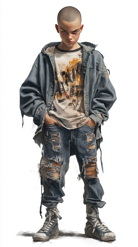 A stylized illustration depicts a young, bald boy with a defiant expression. He wears a distressed denim jacket over a paint-splattered shirt and heavily ripped jeans, paired with worn high-top sneakers.  His attire suggests a gritty, possibly post-apocalyptic, urban setting. A scar is visible near his eye, adding to his hardened look. The overall style is a blend of realism and graphic design elements.