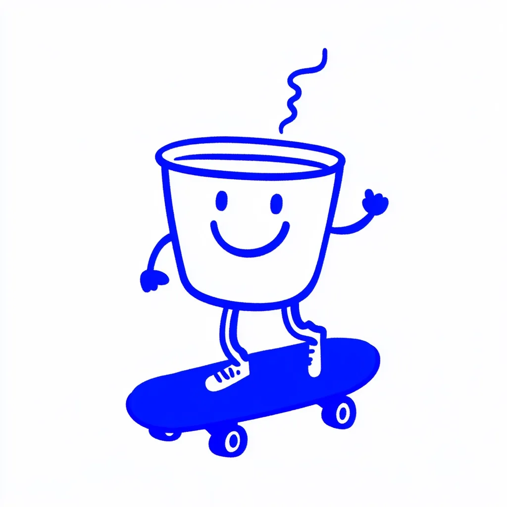 A cheerful cartoon cup of hot beverage, depicted in blue, is skateboarding.  The cup has simple arms and legs, a smiling face, and is shown riding a skateboard with wheels.  Steam curls from the top of the cup, suggesting warmth. The overall style is playful and childlike.