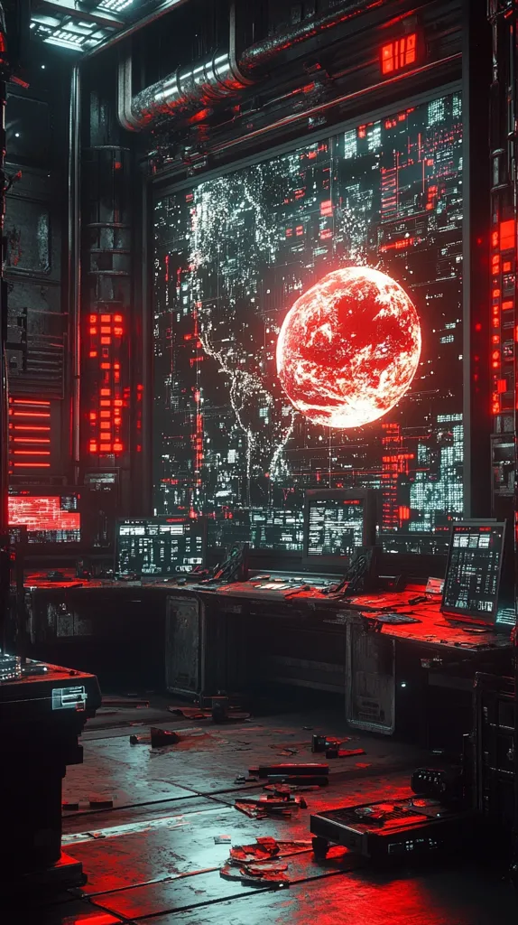 A futuristic control room bathed in red light displays a large screen showing a fiery red planet and complex data streams.  The room is cluttered with technological equipment, suggesting a post-apocalyptic or dystopian setting.  Damaged components litter the floor, adding to the sense of chaos and urgency. The overall aesthetic is dark, gritty, and technologically advanced.