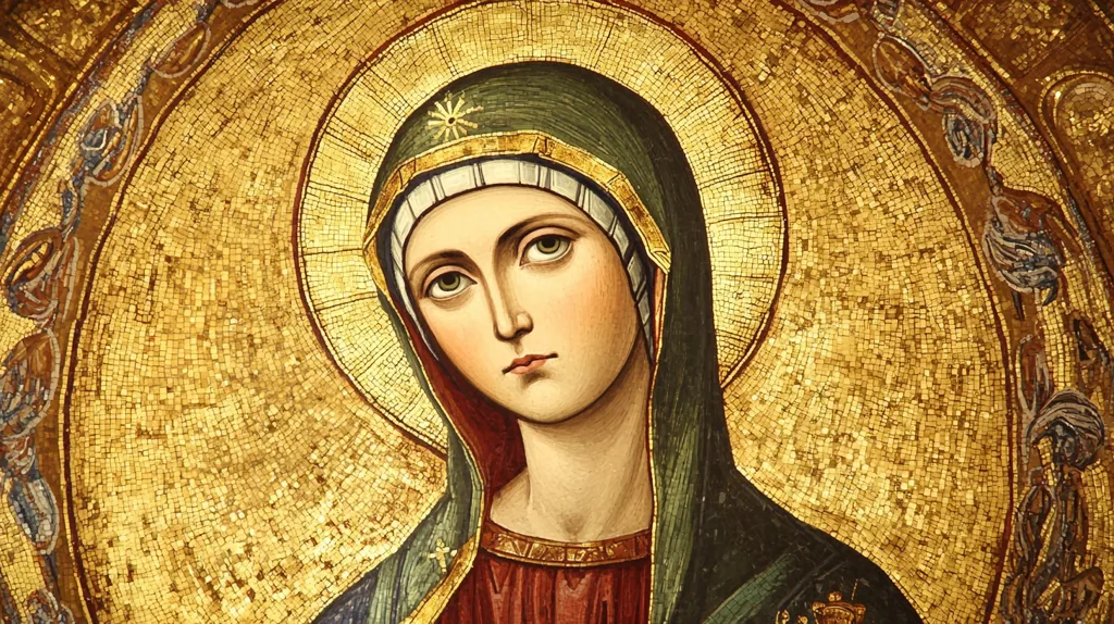 A detailed close-up reveals a Byzantine-style mosaic depicting the Virgin Mary.  She is portrayed with a serene expression, wearing a dark green mantle over a red robe, her head covered by a white veil.  The gold tesserae create a radiant halo and background, emphasizing the sacred nature of the image. The intricate detail in the mosaic's craftsmanship is striking.