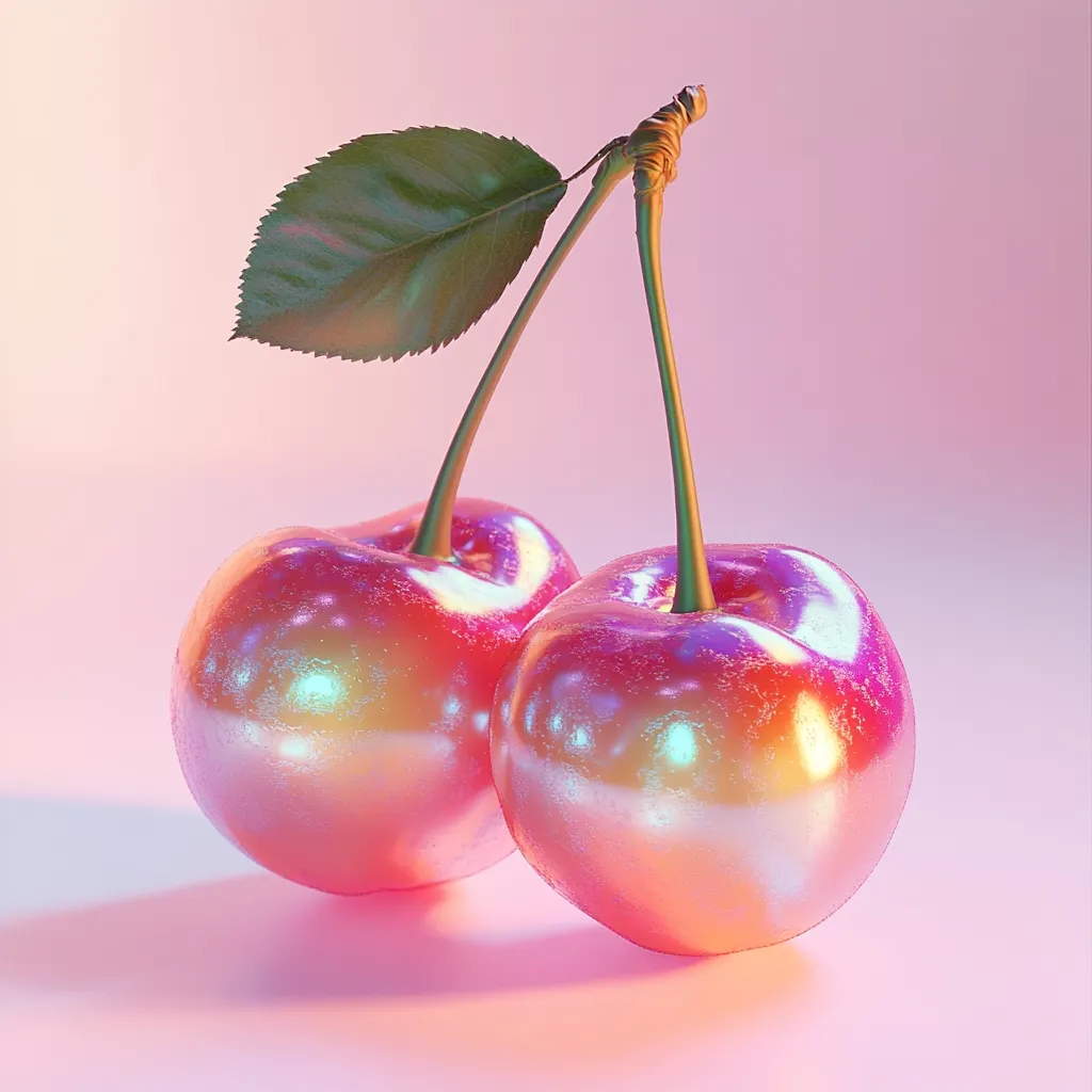Two iridescent cherries with a single stem and leaf are presented against a soft pink backdrop.  The cherries boast a pearlescent sheen, exhibiting a spectrum of pastel colors. The lighting enhances their glossy texture and vibrant hues, creating a visually captivating image with a dreamy, almost surreal, quality.