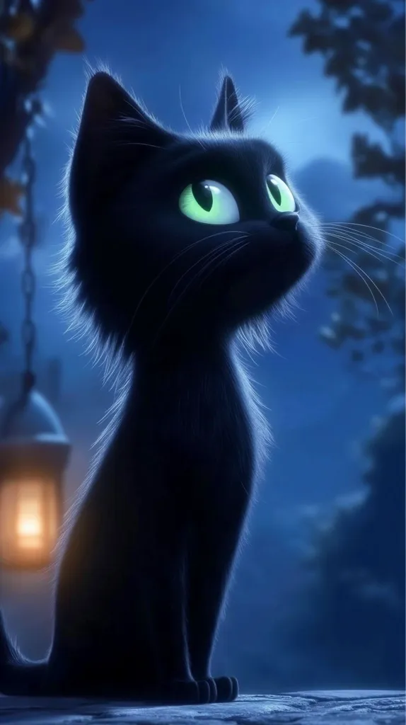 A stylized black cat with luminous green eyes sits against a twilight backdrop.  The cat is depicted in a profile view, gazing upward.  A soft glow emanates from a lantern in the background, adding to the whimsical and enchanting atmosphere. The cat's fur appears soft and fluffy, contrasting with the dark night sky.