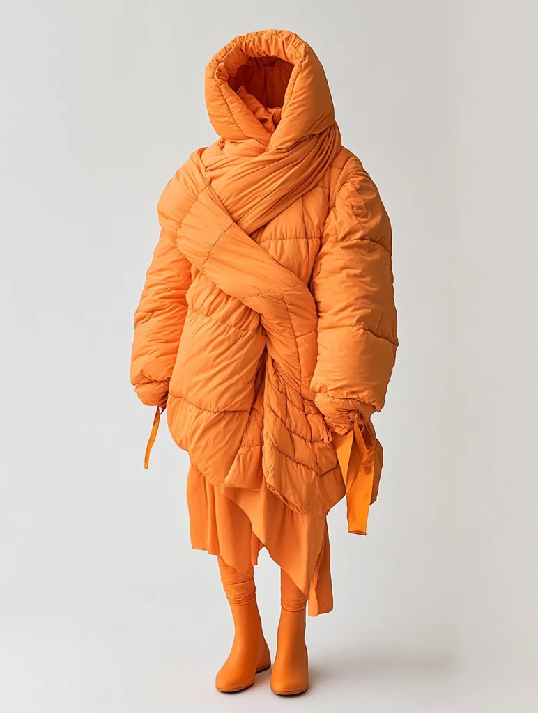 A model is shown wearing a voluminous, oversized orange puffer jacket that resembles a blanket.  The jacket is wrapped around the body and cinched at the waist.  Matching orange leggings and boots complete the monochromatic look. The hooded jacket is styled in a unique, almost sculptural way.  The overall effect is one of warmth and unconventional fashion.