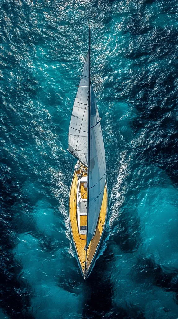 An aerial view captures a sleek sailboat gliding across a vibrant turquoise ocean.  The yacht's sails are partially filled, suggesting a gentle breeze. The wooden deck contrasts beautifully with the dark gray sails and hull.  Sunlight glints off the water's surface, creating a mesmerizing texture. The overall image evokes a sense of serenity and freedom.