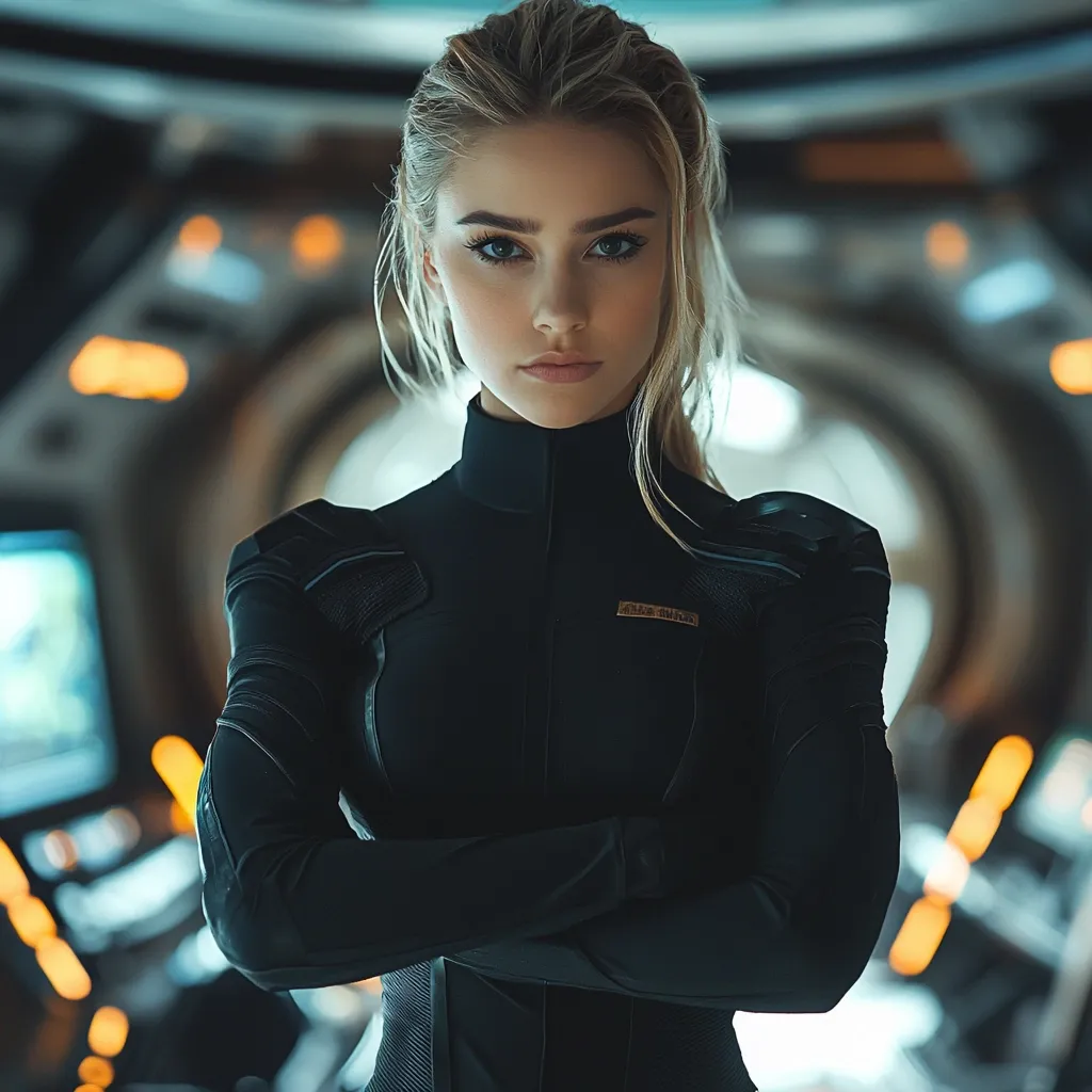 A young woman with blonde hair pulled back in a ponytail stands with her arms crossed, wearing a sleek, dark bodysuit.  The futuristic setting suggests a sci-fi or space-themed context.  Her expression is serious and confident, her gaze directed towards the viewer. The background is blurred but shows a technological environment with glowing lights and metallic surfaces.  A small logo is visible on her chest.