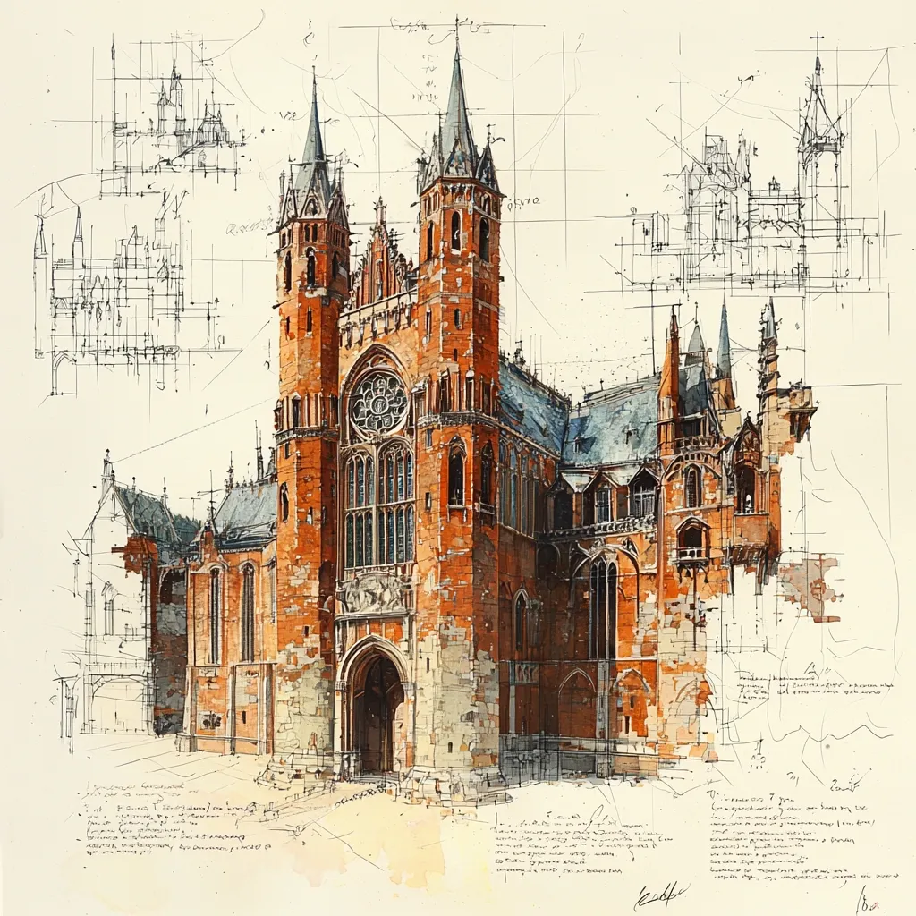 A watercolor painting depicts a grand Gothic-style building, possibly a cathedral or palace, rendered with architectural precision.  Surrounding the central image are detailed sketches and blueprints, suggesting the design process. The building's brick facade, intricate window tracery, and tall, pointed towers are meticulously detailed.  The overall style blends artistic rendering with technical architectural drawings, creating a visually rich and complex piece.