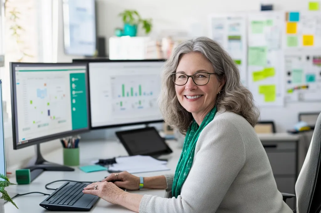 A smiling mature woman with gray hair sits at her desk, working on two computer monitors displaying data charts. She wears glasses and a light gray sweater over a teal scarf.  The office is bright and organized, with a whiteboard displaying notes and a modern desk setup.  She appears confident and productive in her workspace.