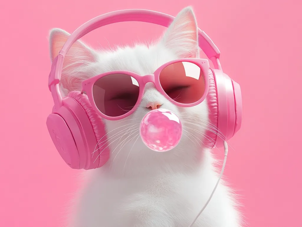 A cute white kitten wears pink headphones and sunglasses, blowing a pink bubble.  The kitten is positioned against a solid pink background. The overall aesthetic is playful and trendy, with a focus on bright, pastel colors.  The image is likely intended for social media or as a fun, whimsical graphic.