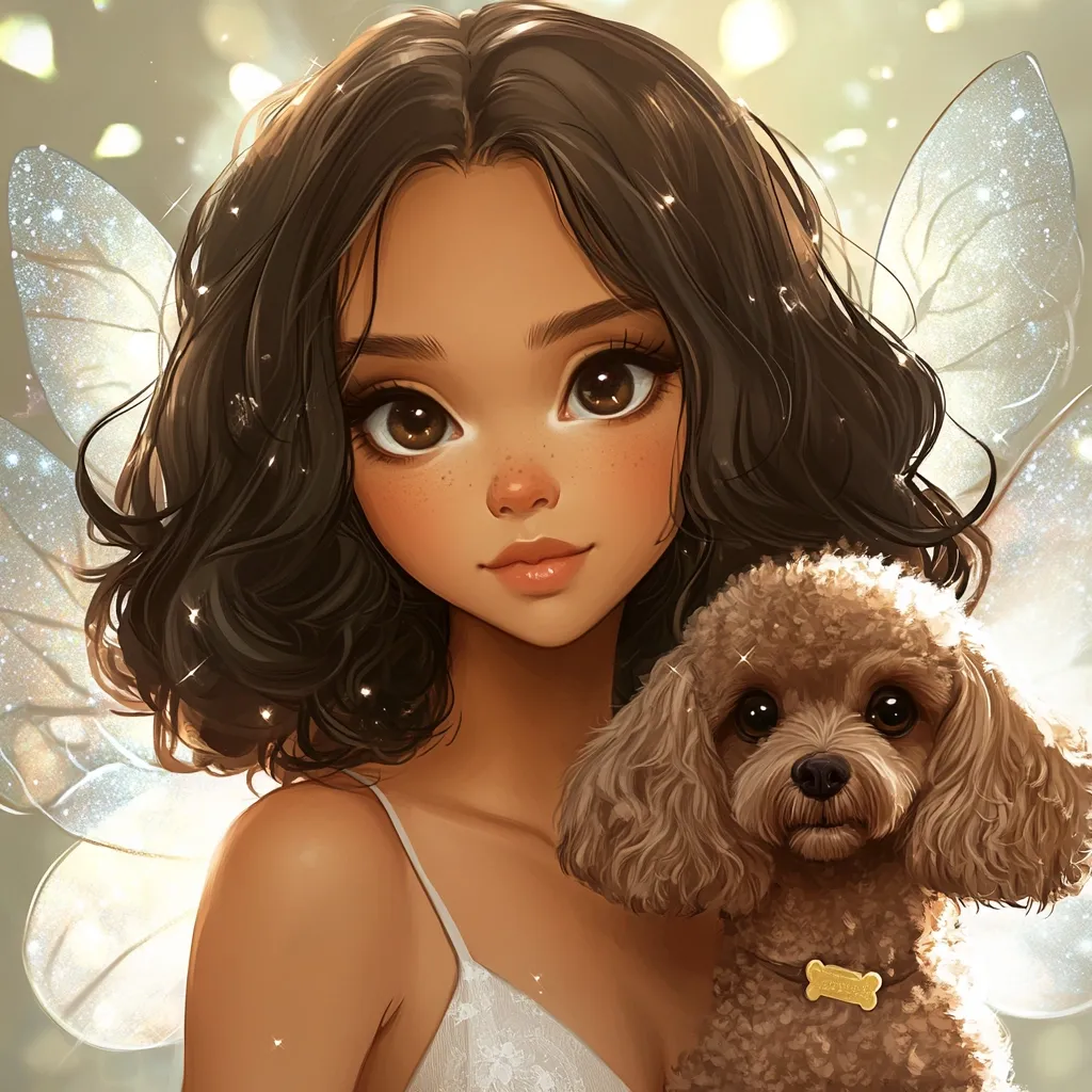 A digital painting depicts a young woman with dark brown, curly hair and large, expressive eyes.  She has tan skin and freckles, and wears a white, delicate-looking top.  She has iridescent, fairy-like wings.  A fluffy brown toy poodle sits nestled against her, wearing a small bone-shaped tag. The style is reminiscent of anime, with soft lighting and detailed features.