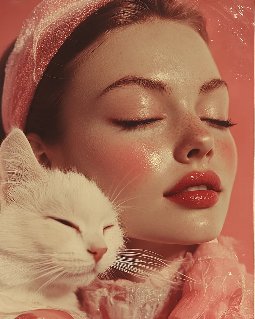 A close-up shot portrays a young woman with a serene expression, her eyes gently closed.  She wears a pink headband and rosy makeup, accentuating her freckles and full lips. A calm white cat rests peacefully against her, nestled in her embrace. The overall aesthetic is soft, romantic, and vintage-inspired, with a warm, coral-toned color palette.