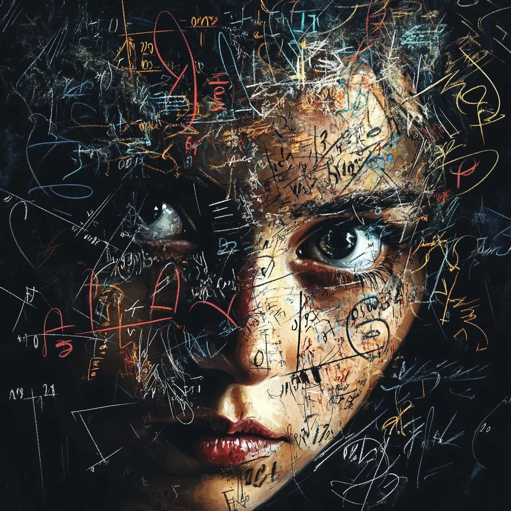 A stylized portrait of a person's face is overlaid with a chaotic scribble of mathematical equations and symbols. The artwork is dark and moody, with the face appearing pensive and somewhat obscured by the dense markings. The contrast between the soft features of the face and the harsh, energetic lines of the mathematical notations creates a striking visual effect, hinting at the complexity of the human mind and the power of knowledge. The overall aesthetic is intense and emotionally evocative.