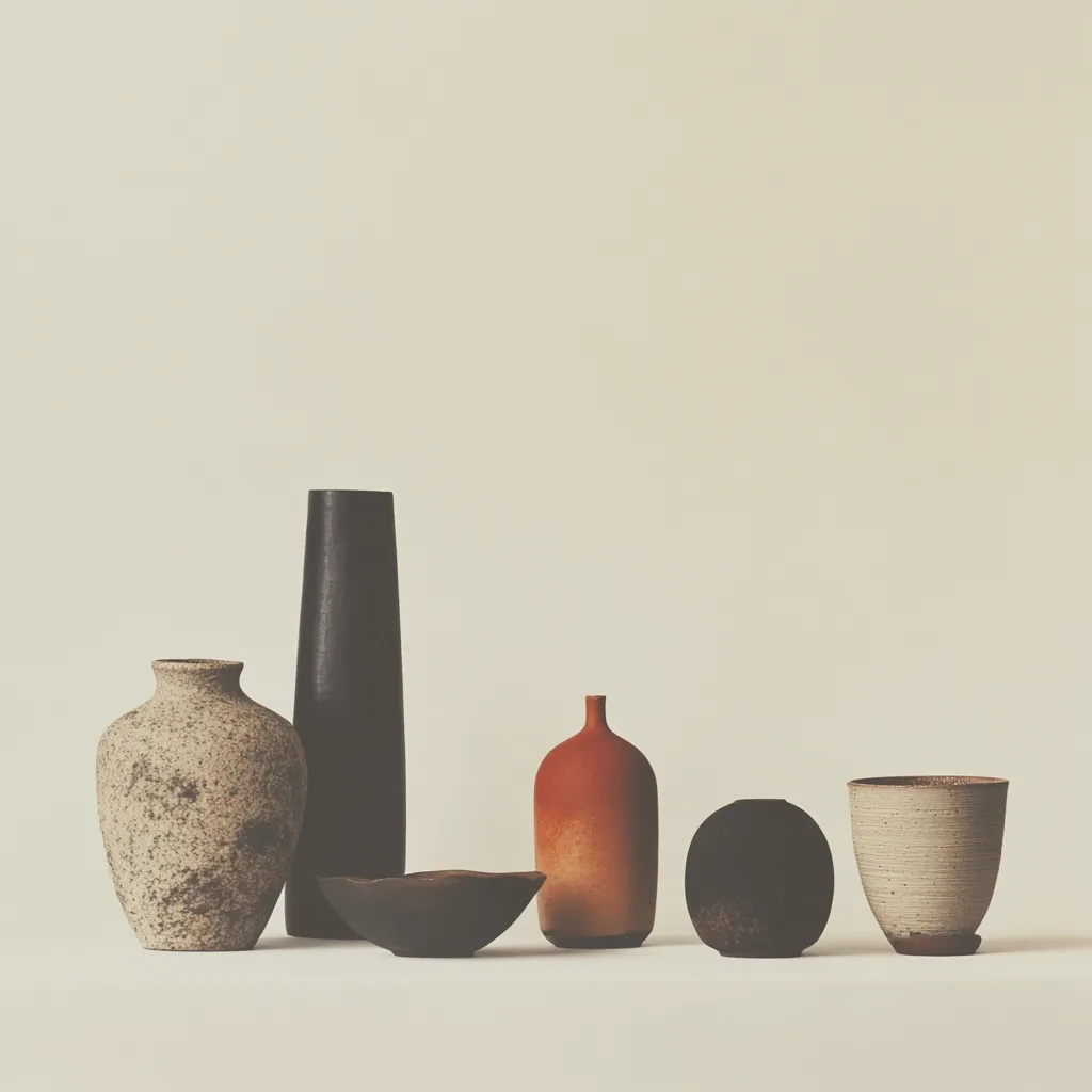 A minimalist still life featuring a collection of ceramic vessels.  A speckled grey urn, tall dark cylindrical vase, terracotta bottle, dark spherical vase, and a light-grey bowl are arranged on a light beige background. The muted earth tones and simple forms create a serene and balanced composition.  The image has a calming, sophisticated feel.