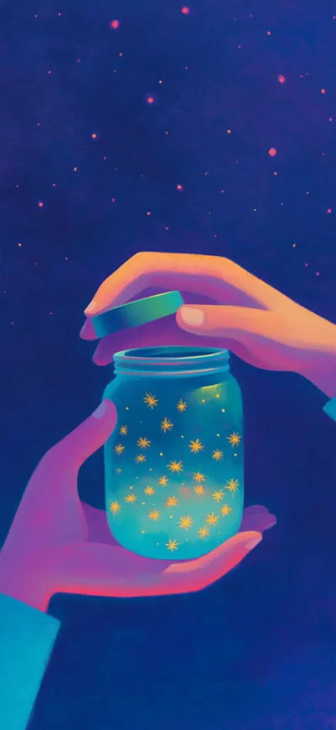 Two hands gently open a mason jar against a night sky backdrop.  The jar's interior glows teal, adorned with small, golden stars, mirroring the celestial scene above.  The vibrant colors and soft lighting create a magical, dreamlike atmosphere, suggesting a capture of nighttime wonder.