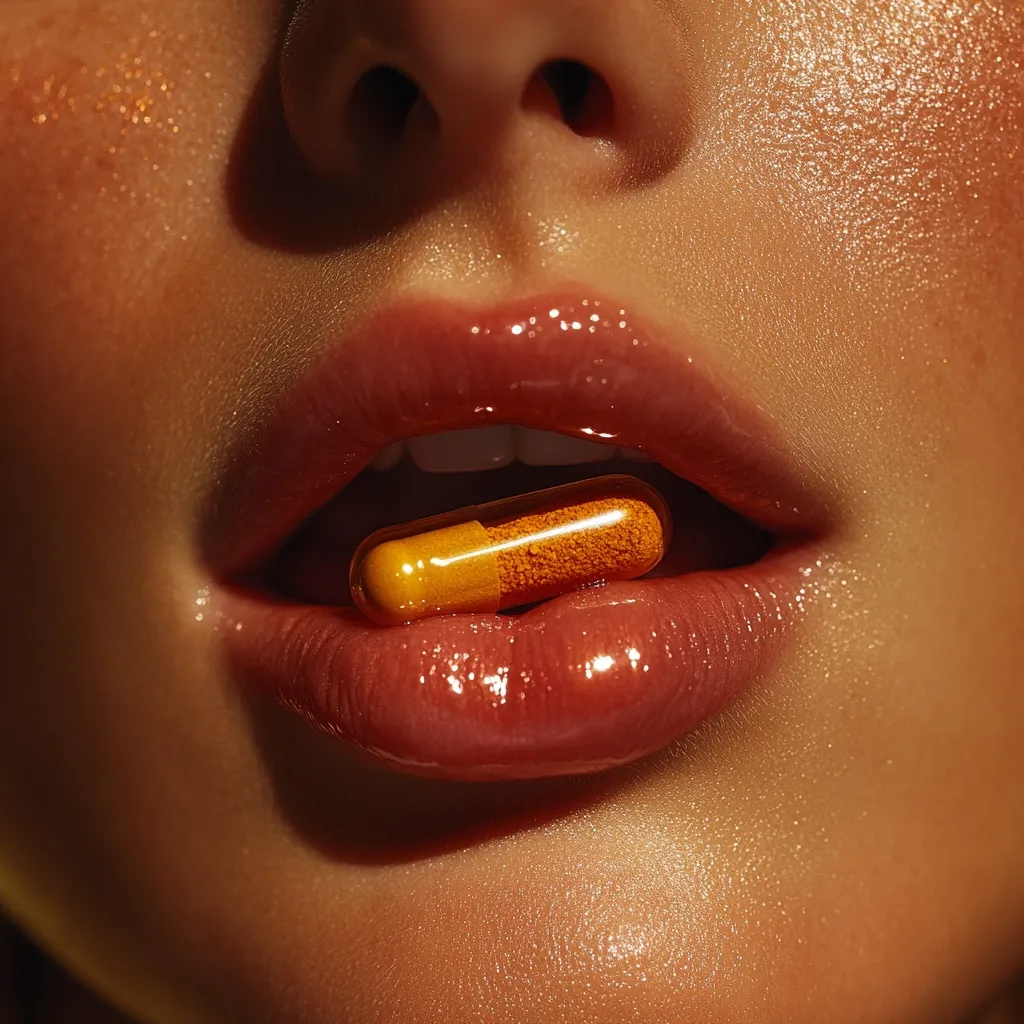 A close-up shot focuses on a person's mouth holding a single, translucent orange capsule between their lips.  The lips are full and glossy, with a warm, sun-kissed complexion visible on the surrounding skin.  The image has a stylized, almost surreal quality due to the lighting and focus on the pill.