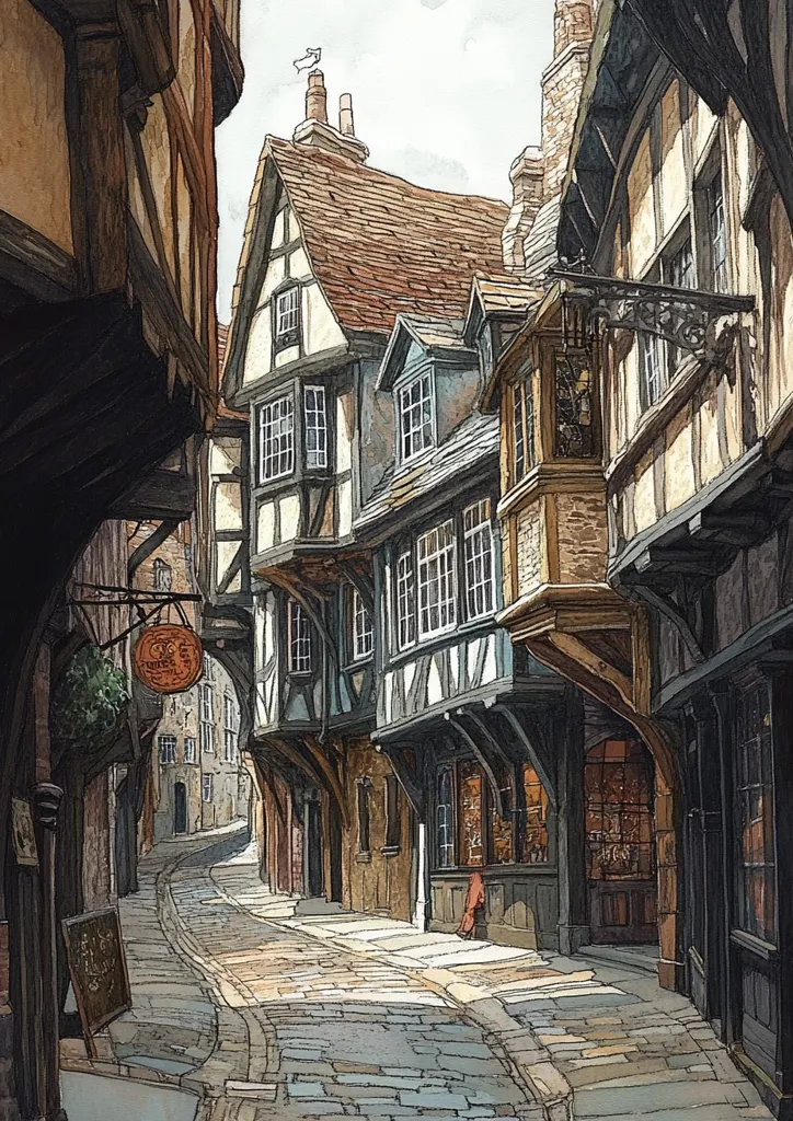 A quaint, winding cobblestone street lined with charming, historic timber-framed buildings. The architecture showcases intricate details and overhanging upper stories.  Sunlight casts shadows, creating a picturesque atmosphere.  A shop is visible, adding to the scene's lived-in quality. The overall impression is one of a timeless, European village street.