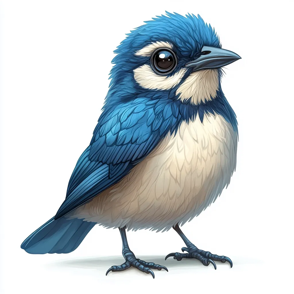 A detailed illustration showcases a juvenile Steller's Jay.  Its vibrant blue feathers are accentuated by a fluffy, creamy-white underbelly.  Large, dark eyes and a small, pointed beak complete the bird's charming appearance.  The jay is depicted in profile view, perched with its feet firmly planted, against a stark white background. The artwork's style is realistic, highlighting the texture of the feathers.