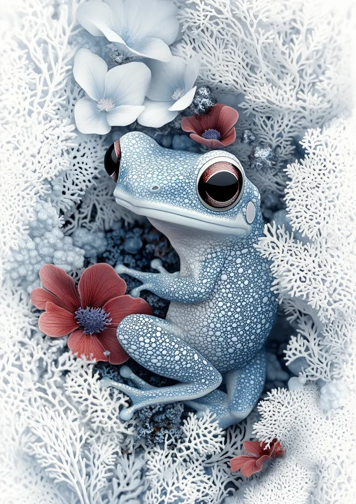 A light blue frog with textured skin sits nestled amongst delicate white coral-like plants and reddish-brown flowers.  Its large, expressive eyes are prominent. The overall image evokes a serene and whimsical underwater or fantasy scene, with a cool color palette and detailed textures.  The frog appears calm and peaceful within its floral surroundings.