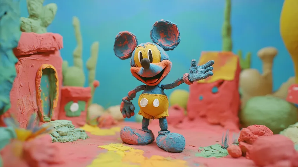 A vibrant, claymation Mickey Mouse stands in a whimsical, colorful landscape.  He's painted in shades of blue and orange, his shorts a sunny yellow.  The background features textured, pastel-colored buildings and vegetation, creating a surreal and playful scene.  The overall style is expressive and textured, characteristic of stop-motion animation.