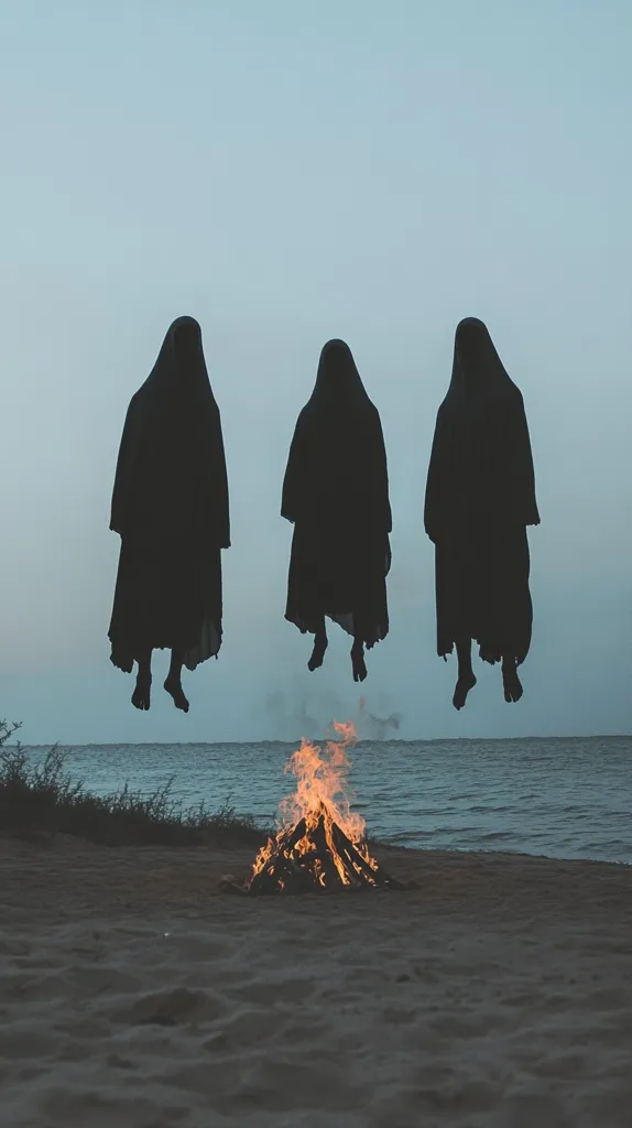 Three cloaked figures, seemingly floating, hover above a beach bonfire at twilight. The figures are dark silhouettes against a muted sky, creating an eerie and mysterious scene. The calm sea stretches to the horizon, adding to the surreal atmosphere.  The image evokes a sense of the supernatural or ritualistic.