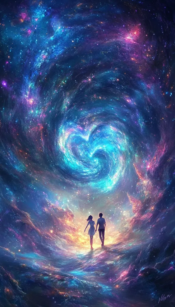 A breathtaking digital painting depicts a couple holding hands, walking towards a swirling nebula shaped like a heart. The vibrant cosmos explodes with blues, purples, and pinks, creating a surreal and romantic atmosphere.  Stars glitter across a vast, dreamlike landscape, enhancing the ethereal beauty of the scene. The artwork evokes feelings of love, wonder, and the infinite possibilities of the universe.
