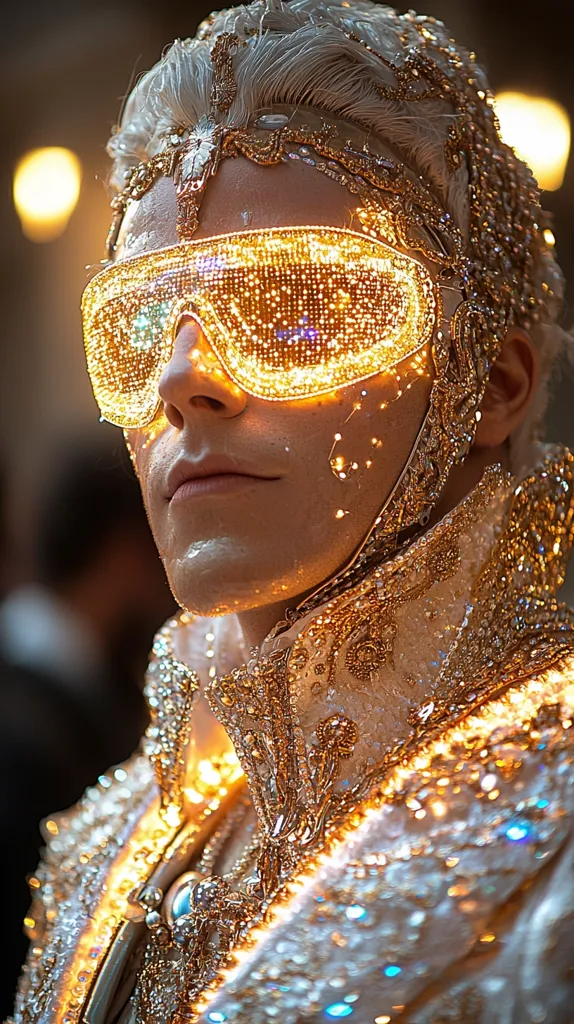 A person is adorned in a dazzling, ornate costume.  The ensemble features a white base embellished with intricate gold detailing and shimmering lights.  Large, illuminated goggles add to the futuristic, glamorous effect.  The overall aesthetic is one of opulent fantasy, blending elements of historical and futuristic design. The model's hair is styled in a sophisticated updo, complementing the regal attire.
