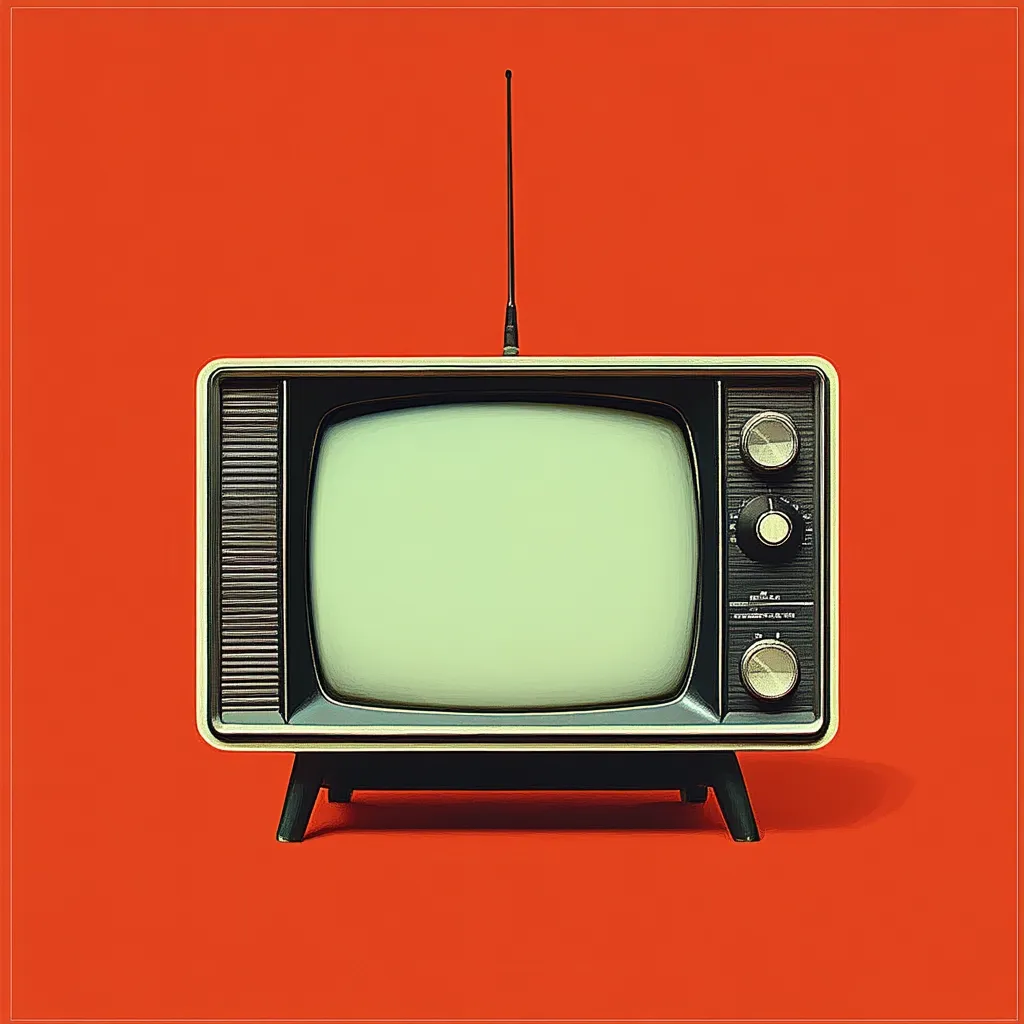 A vintage television set with a rabbit ear antenna sits against a vibrant orange background.  The television is dark-colored with a light beige bezel, featuring analog tuning knobs.  Its small, short legs elevate it slightly from the surface. The image evokes a nostalgic feel, reminiscent of mid-20th-century television technology.  The blank screen hints at the potential for untold stories and entertainment.