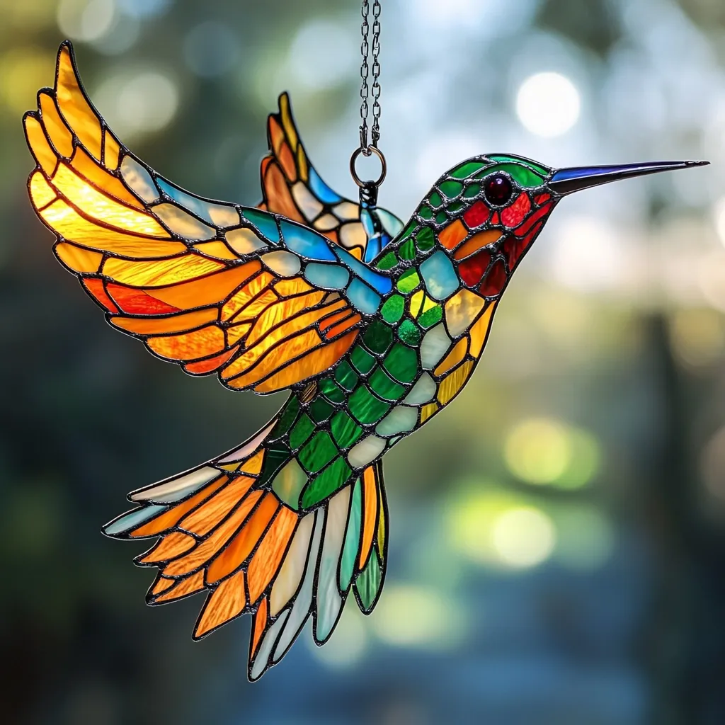 A vibrant stained-glass hummingbird hangs from a delicate chain.  Its wings are outstretched in mid-flight, showcasing a stunning array of colors: oranges, yellows, greens, and blues. The intricate detailing captures the bird's iridescent plumage.  The piece is a beautiful suncatcher, adding a touch of nature-inspired artistry to any space.