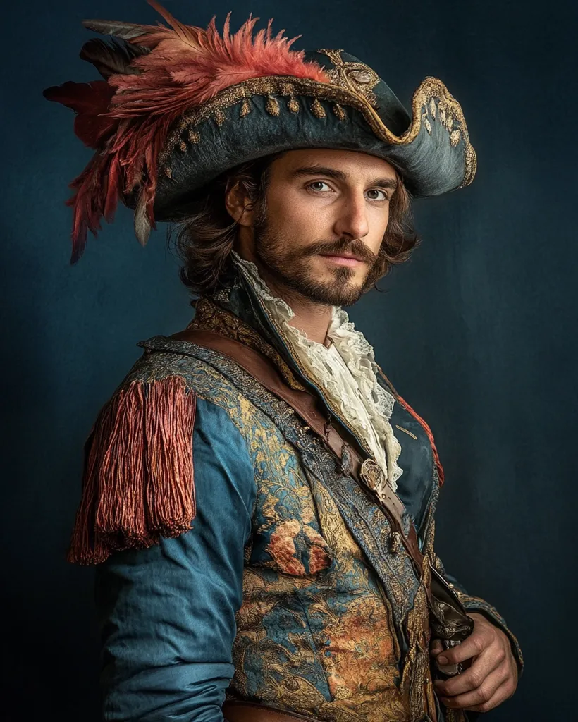 A portrait of a man in elaborate 18th-century attire. He wears a richly decorated blue coat with gold detailing, a white lace cravat, and a tricorn hat adorned with red feathers.  His mustache and serious expression add to the regal and slightly melancholic mood. The dark background emphasizes the detail of his costume.  The image suggests a character from a historical drama or period piece.
