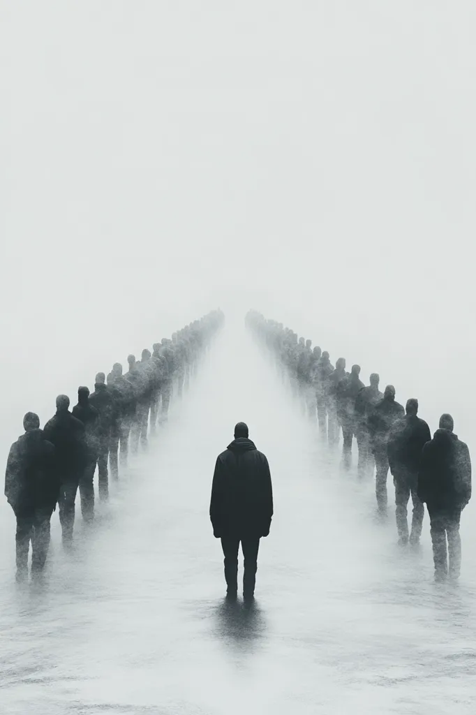 A solitary figure stands in the middle of a wide, foggy expanse, two lines of people receding into the distance. The scene is monochromatic, with muted grays and whites dominating the palette. The individual appears isolated and alone, contrasting sharply with the crowds fading into the mist. The overall atmosphere is one of solitude and mystery, evoking feelings of separation and introspection.