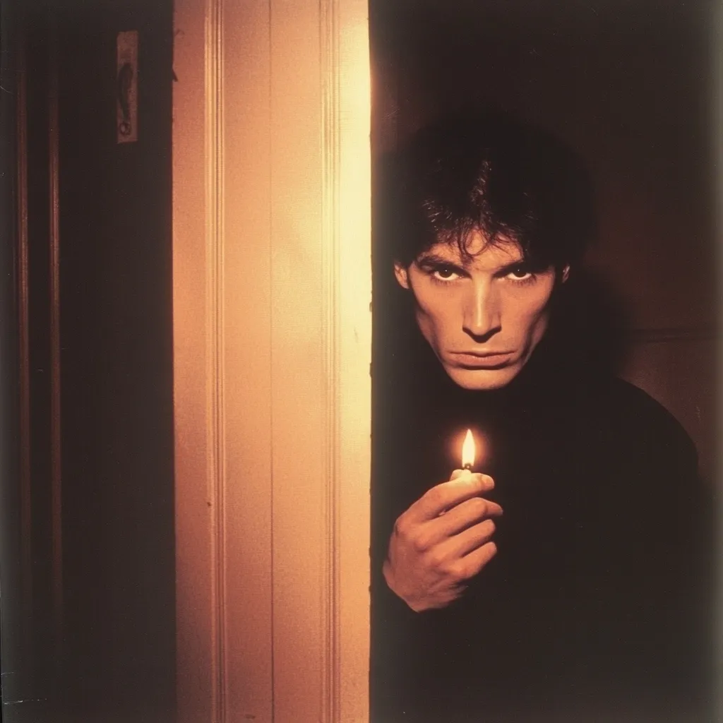 A man with dark hair, intense eyes, and a serious expression peers from behind a doorway, holding a lit lighter.  The warm light from the lighter contrasts with the dimly lit room, creating a mysterious and slightly ominous atmosphere. His posture and gaze suggest a sense of secrecy or foreboding. The image is reminiscent of film noir aesthetics.