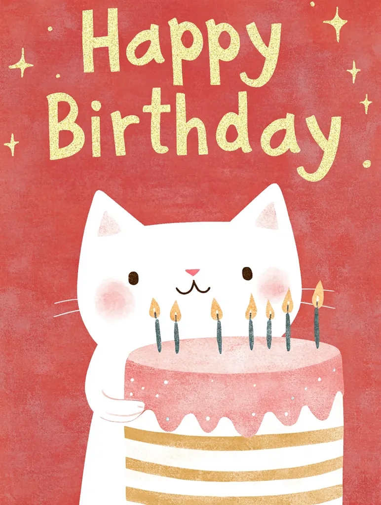 A cute white cat holds a pink and gold layered birthday cake with lit candles.  The background is a textured coral red, and the words "Happy Birthday!" are written in gold glitter lettering above the cat.  Small gold stars add to the festive atmosphere of the birthday card illustration.