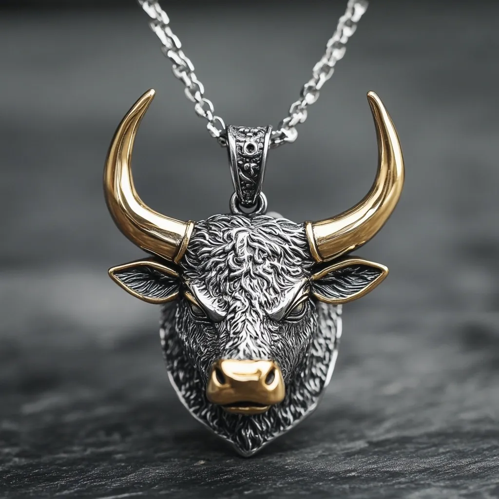 A detailed close-up reveals a men's necklace featuring a meticulously crafted bull's head pendant. The pendant, predominantly silver-toned, boasts gold-accented horns and nose, adding a striking contrast.  The bull's expression is fierce, its textured fur realistically depicted. The necklace hangs on a silver chain against a dark, textured background.