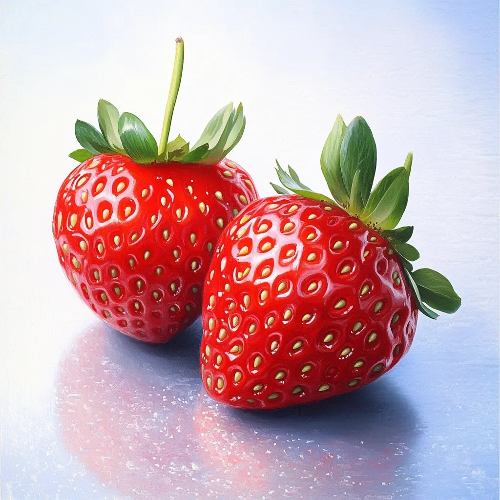 Two ripe strawberries rest on a reflective surface.  Their vibrant red skin is speckled with tiny yellow seeds, and their green leaves are fresh and vibrant.  The glossy texture of the strawberries is realistically depicted, highlighting the juicy quality of the fruit.  The soft, light background enhances the strawberries' bright color and detail.
