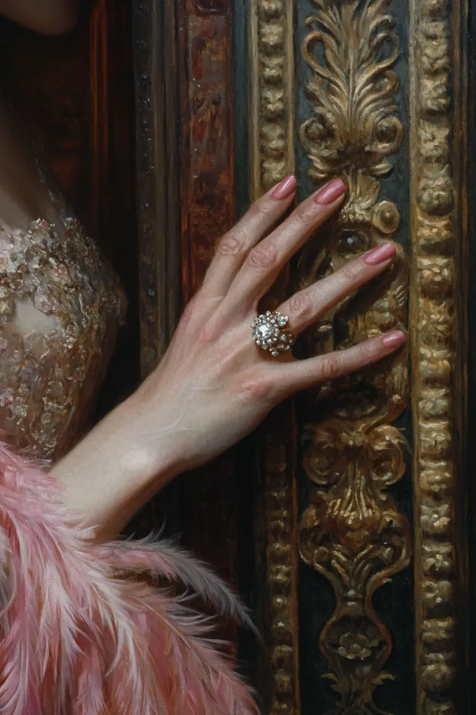 A close-up detail of a painting shows a woman's hand adorned with a sparkling diamond ring.  Her fingers gently rest against an ornate, dark gilded frame.  She wears a delicate, light gold lace gown and a pink feather boa. The painting is rich in texture and detail, highlighting the opulence of the scene.
