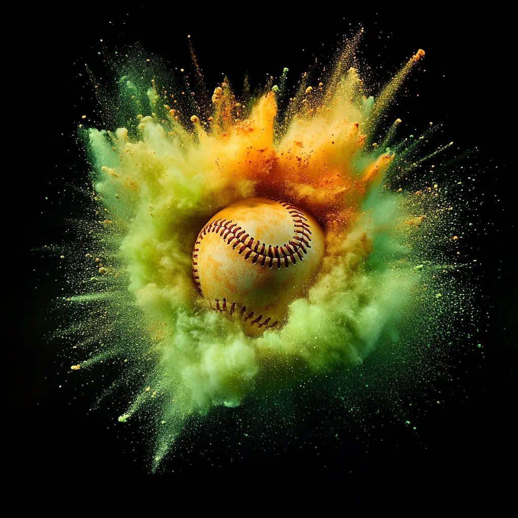A baseball explodes in a vibrant cloud of green and orange powder against a black background.  The image captures the dynamic moment of impact, with the baseball seemingly frozen mid-explosion. The colors are rich and contrasting, creating a visually striking and energetic effect.  The overall impression is one of power and movement.