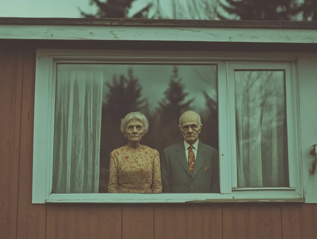 An elderly couple stands solemnly at a window, their faces etched with time.  The muted colors and slightly blurred background create a melancholic mood. They appear isolated within their home, gazing out at the world beyond. The image evokes a sense of quiet reflection and perhaps loneliness. The window serves as a barrier between them and the outside, emphasizing their seclusion.