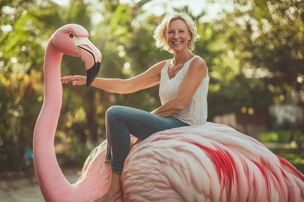A smiling mature woman sits atop a large pink flamingo statue in a garden setting.  She's casually dressed in jeans and a white top, gently touching the flamingo's neck. The scene is bathed in warm, natural light, suggesting a carefree and joyful moment. The lush green background enhances the vibrant pink of the flamingo and the woman's cheerful expression.